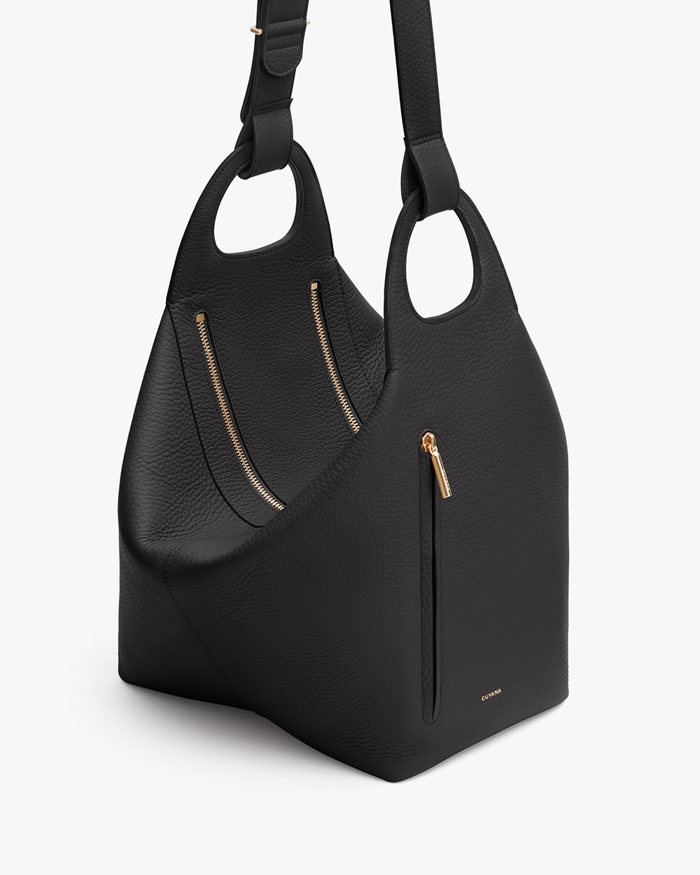 Black handbag with a zip pocket and shoulder strap.