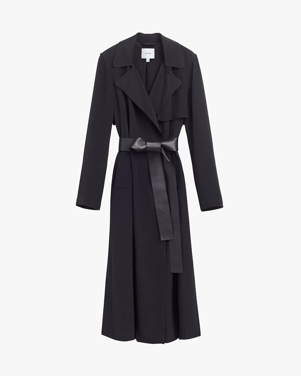 Long coat with belt and large lapels on a plain background