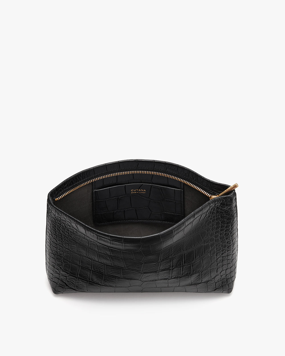 Open textured cosmetic pouch with zipper.