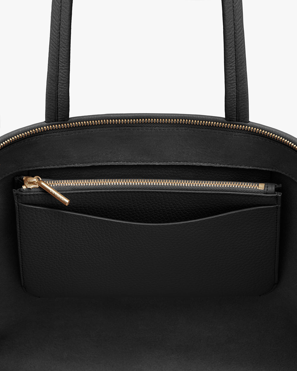 Open handbag with dual handles and an external zipper pocket.