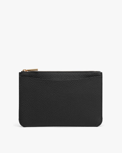 Black textured zipper pouch on a plain background
