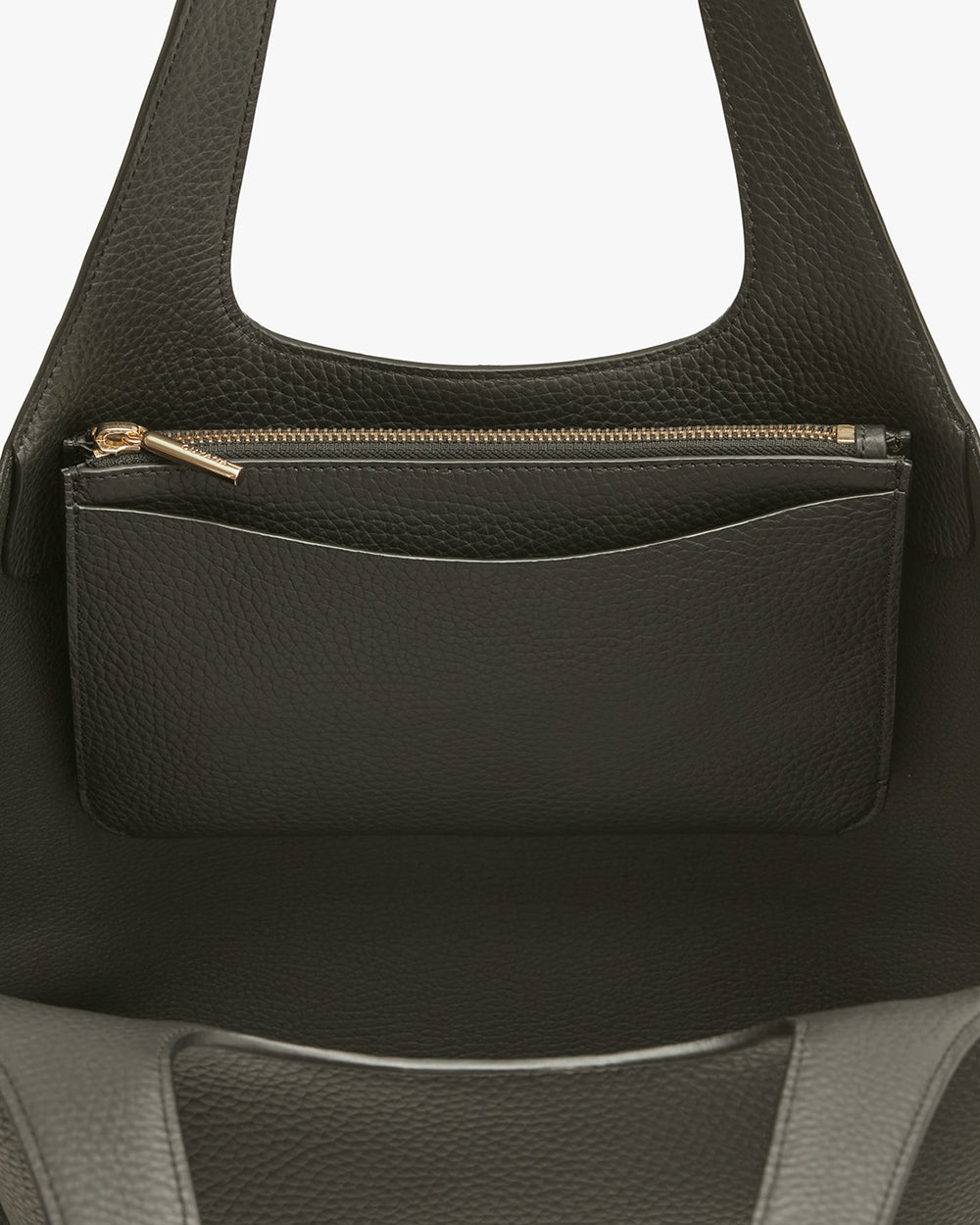 Close-up of a handbag with a zippered pocket.