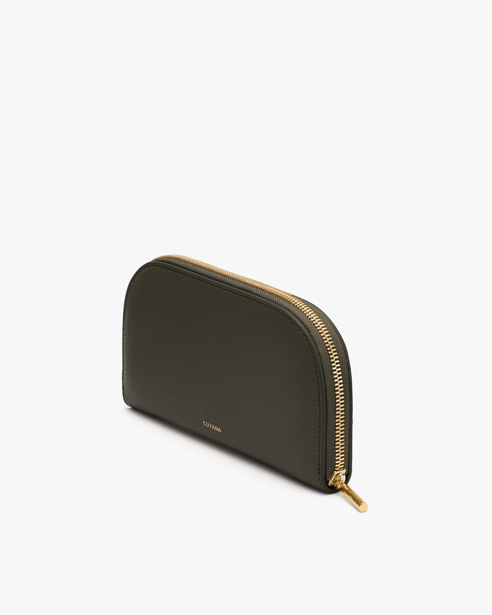 Semi-circle clutch with a zipper on top.