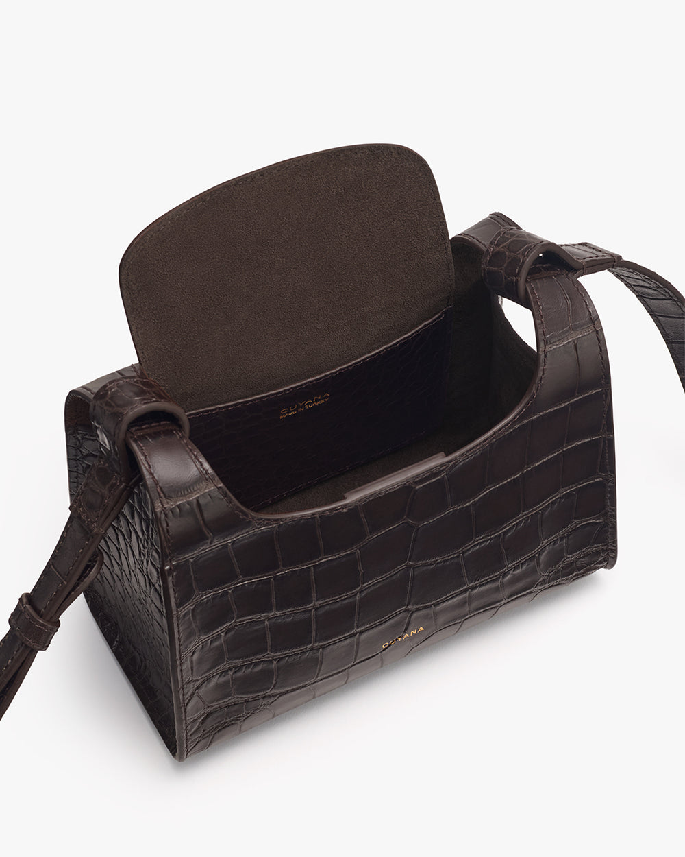 Small, open handbag with croc-embossed leather and an internal pocket.