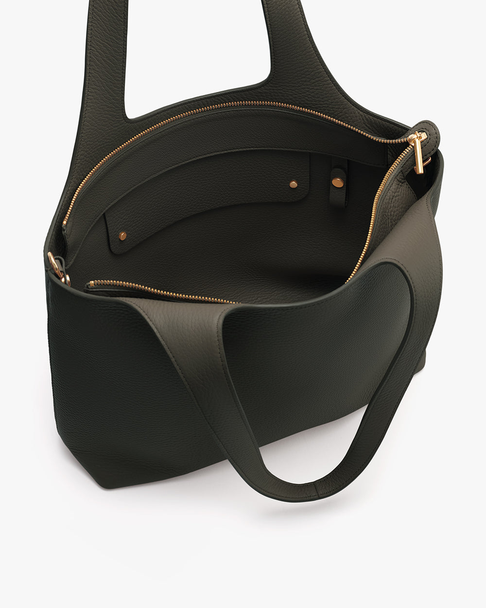 Open handbag with shoulder straps and visible zipper.