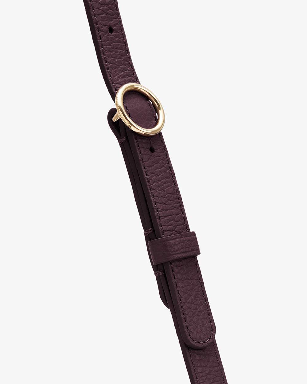 Leather strap with a round metal ring and adjustable buckle.