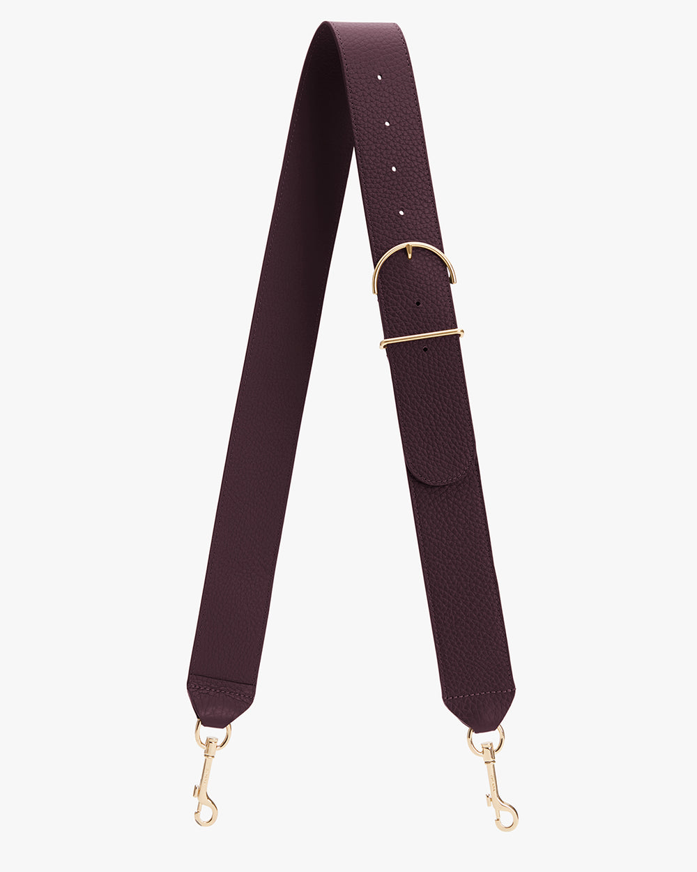 Adjustable bag strap with metal clasps and a buckle.
