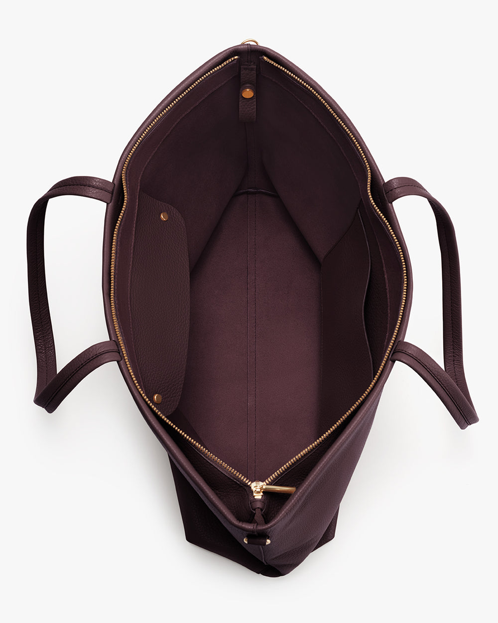 Open top view of a tote bag with pockets and a zipper.