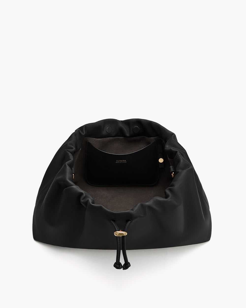 Open bag with visible interior pocket and drawstring closure.