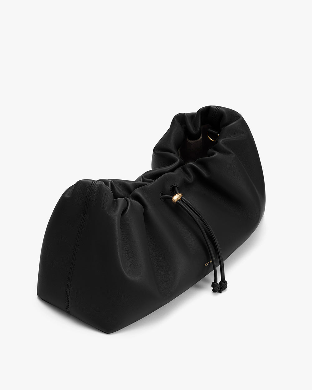 Slouchy drawstring bag with rounded shape and gold accents.