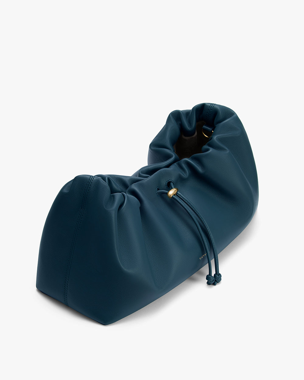 Drawstring bag with gathered top shown from side angle.