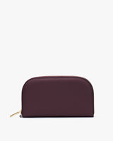 Rectangular leather wallet with zip closure.
