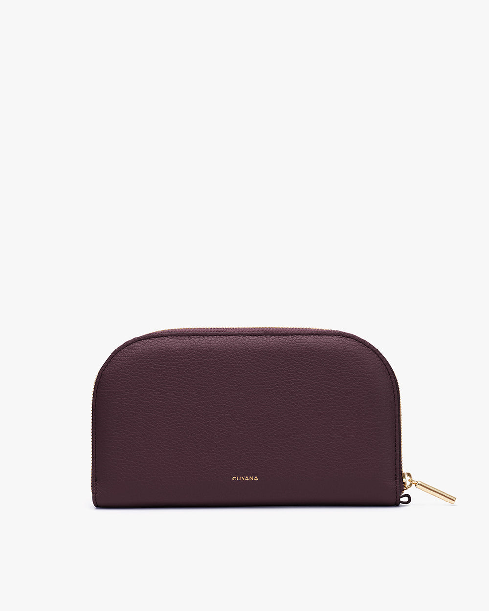 Rectangular zippered wallet with small brand logo on front.