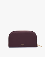 Rectangular zippered wallet with small brand logo on front.