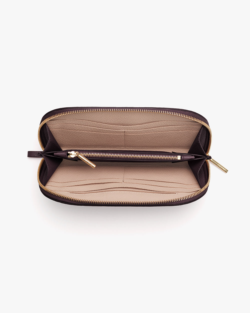 Open wallet with multiple compartments and a central zippered section