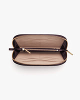 Open wallet with multiple compartments and a central zippered section