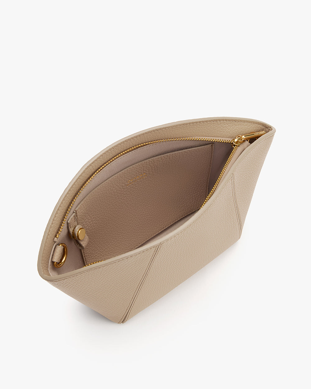 Open clutch bag with zip closure showing interior pocket.