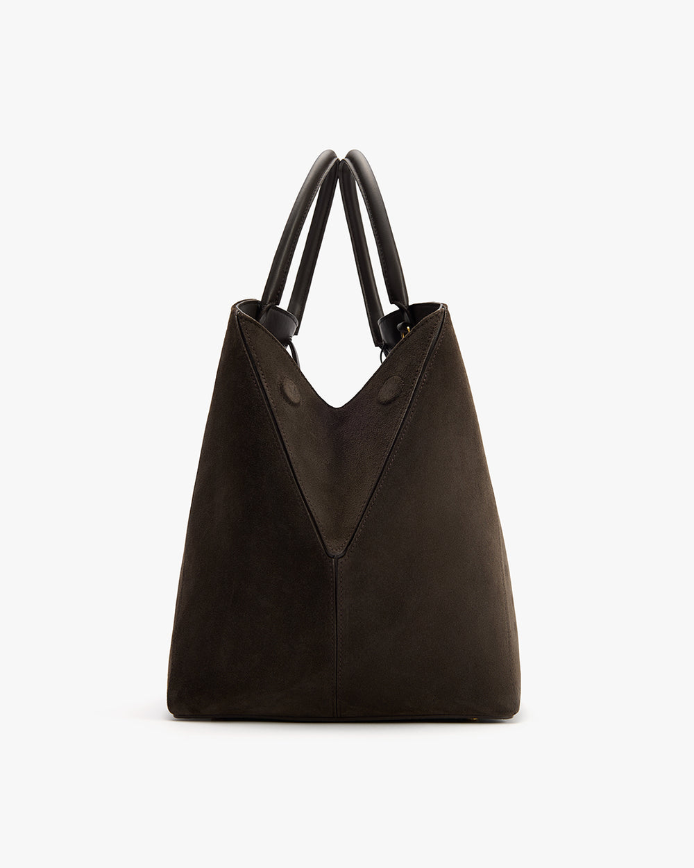 Tote bag with short handles and triangular folding design.