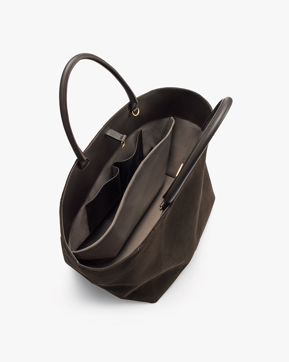 Open tote bag with shoulder straps and interior pockets seen from above