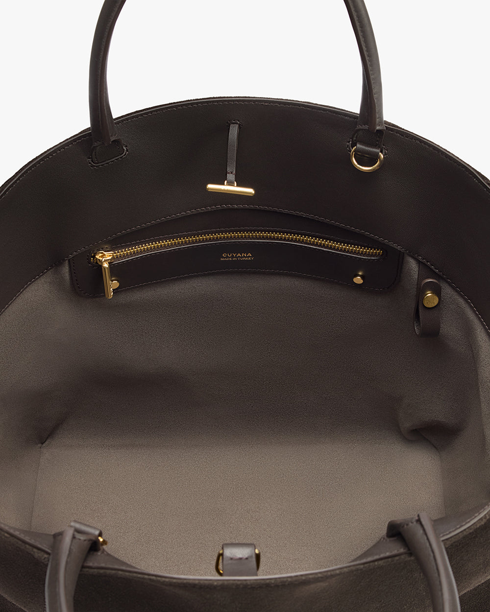 Open handbag with zipper pocket inside