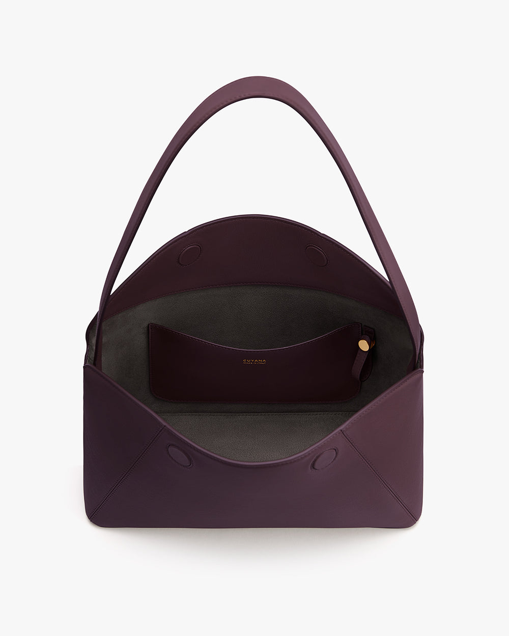 Open handbag with small pouch inside and a single strap.
