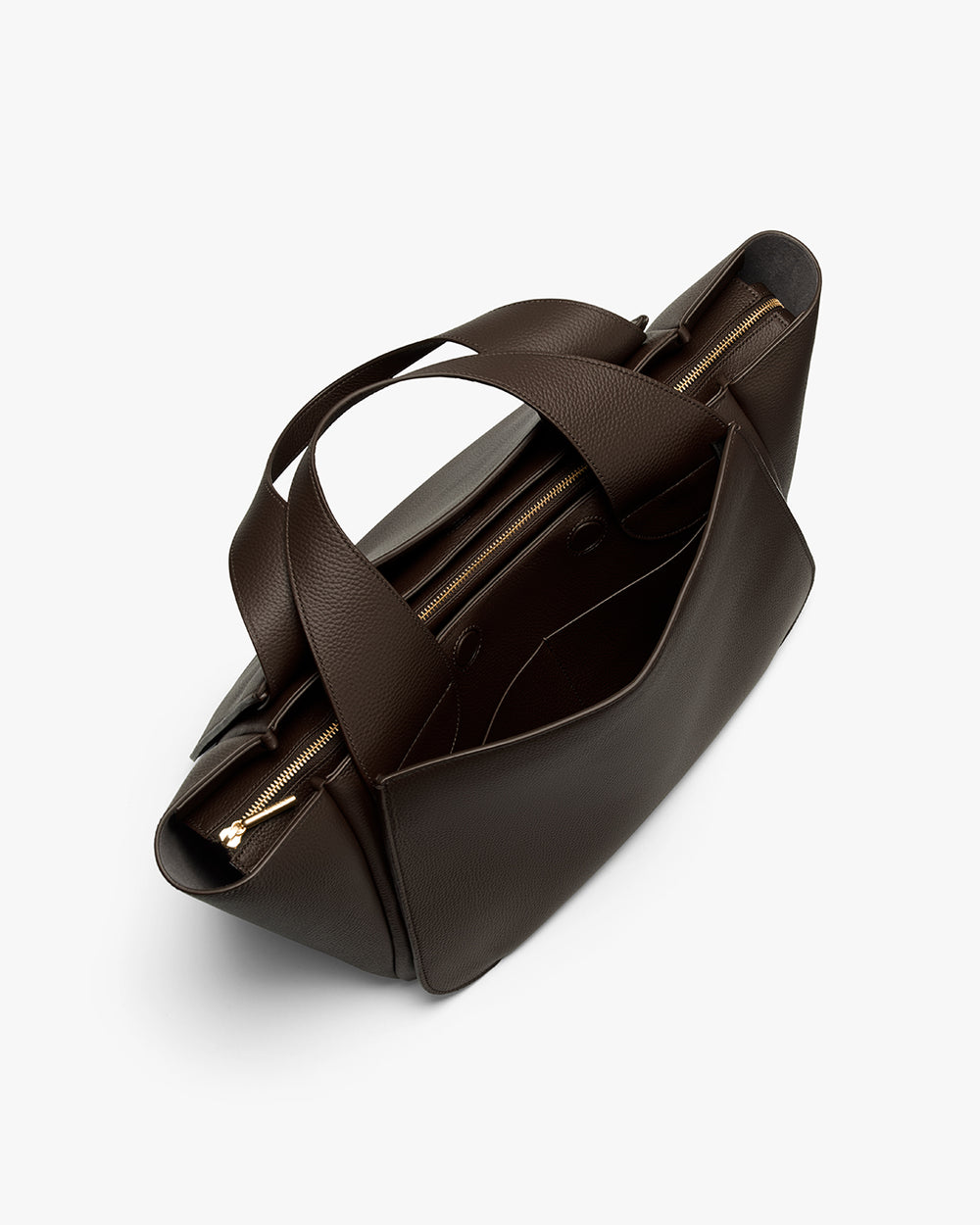 Top view of an open tote bag with handles and multiple compartments.