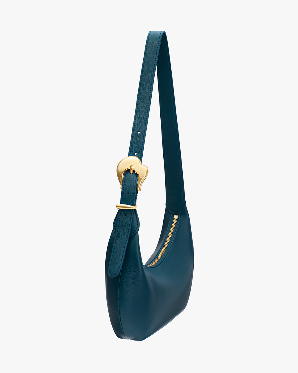 Shoulder bag with zipper and gold buckle on strap.