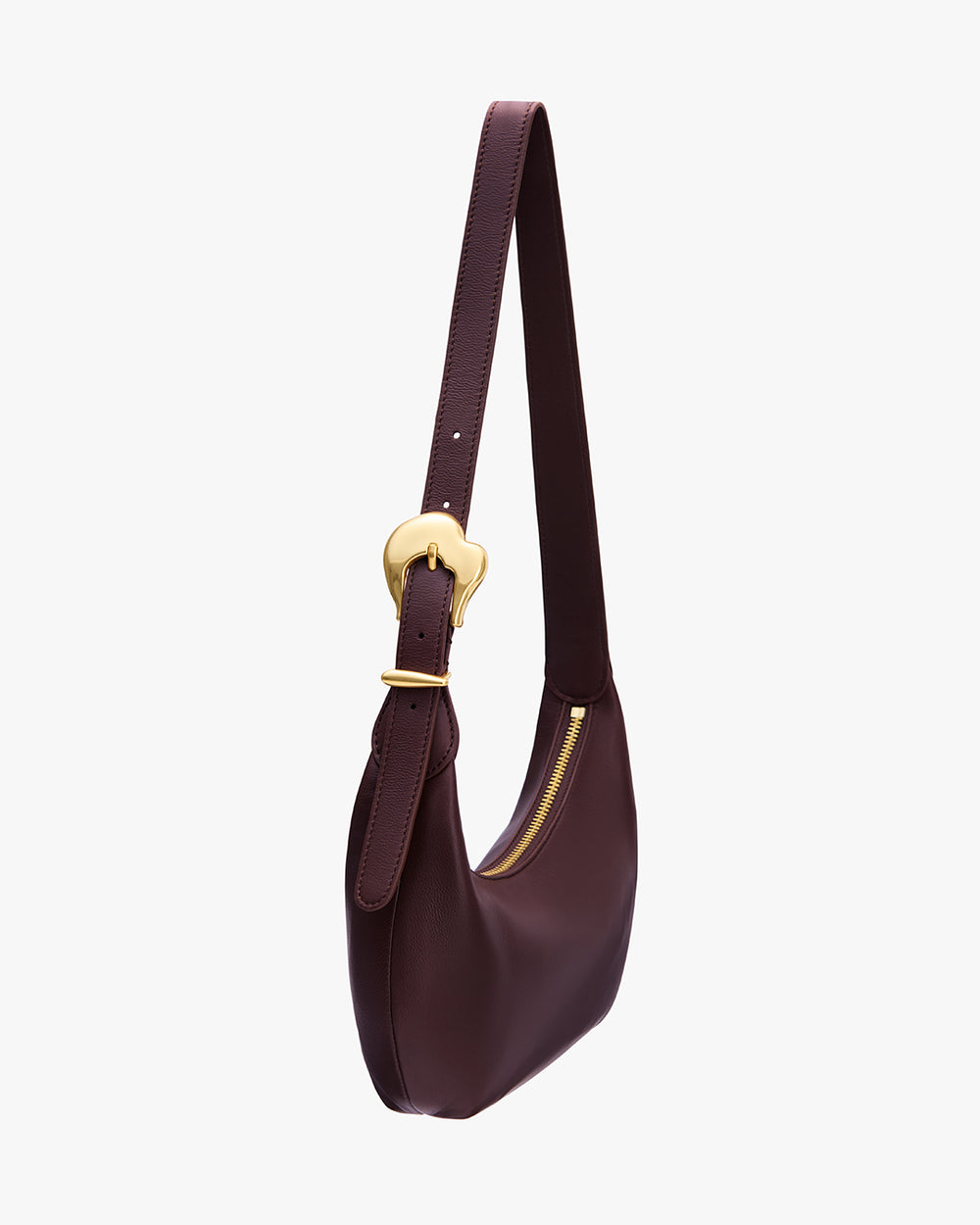 Shoulder bag with zipper and adjustable strap, featuring a metal buckle loop.