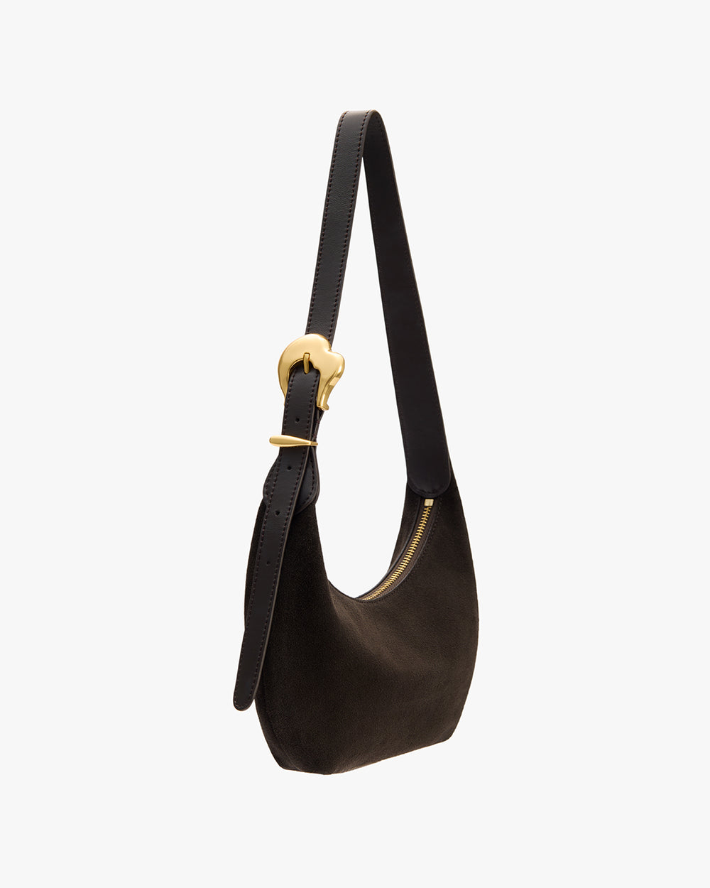 Shoulder bag with a curved design and a contrasting buckle on the strap.