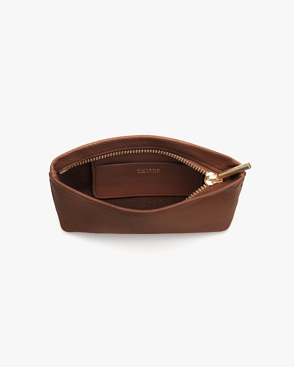Open zippered pouch with a pocket inside.