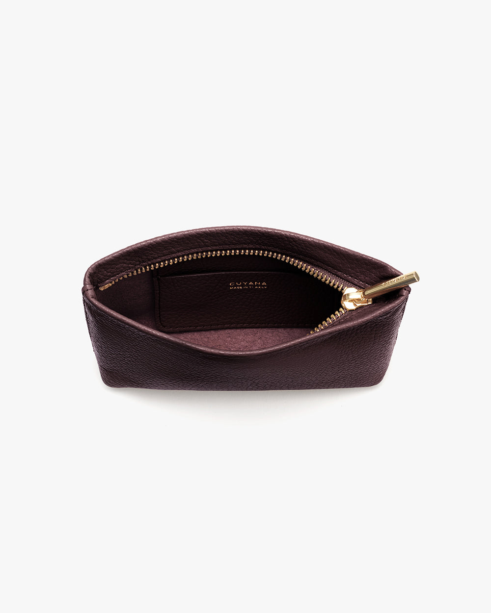 Small zippered leather pouch with open top view