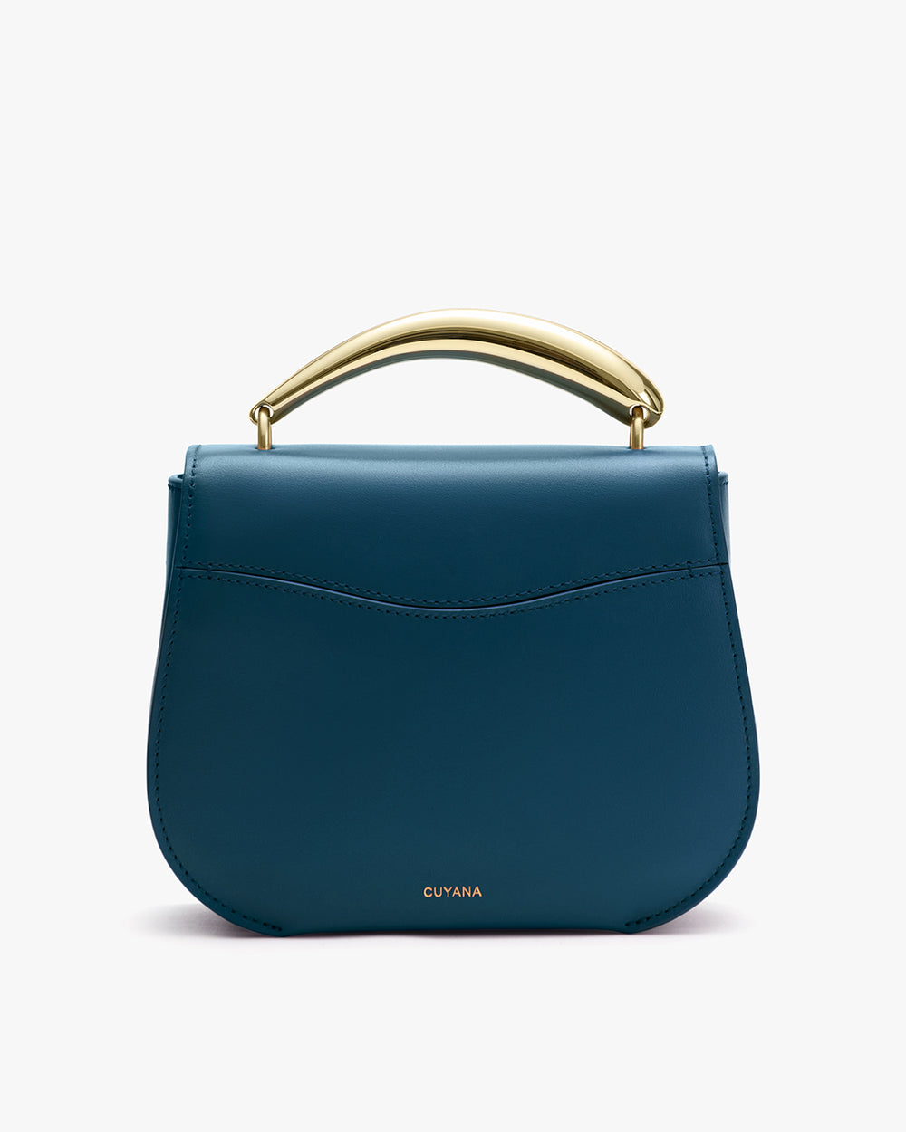 Handbag with a curved metallic handle on top.