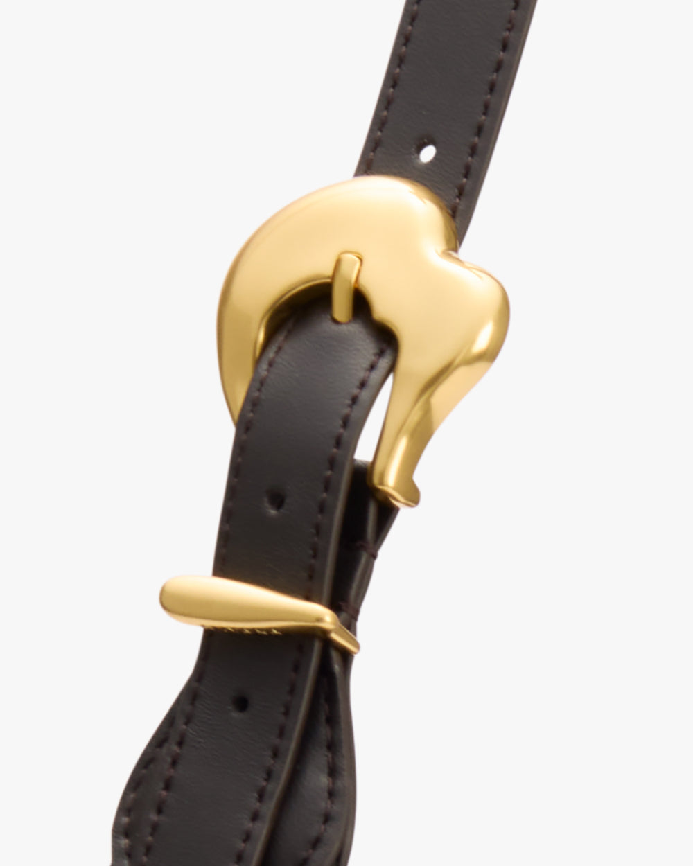 Close-up of a strap with a decorative metal buckle.