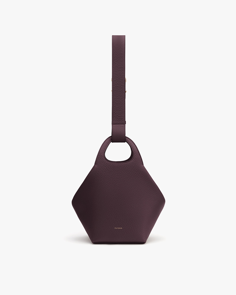 Geometric handbag with strap and small handle.