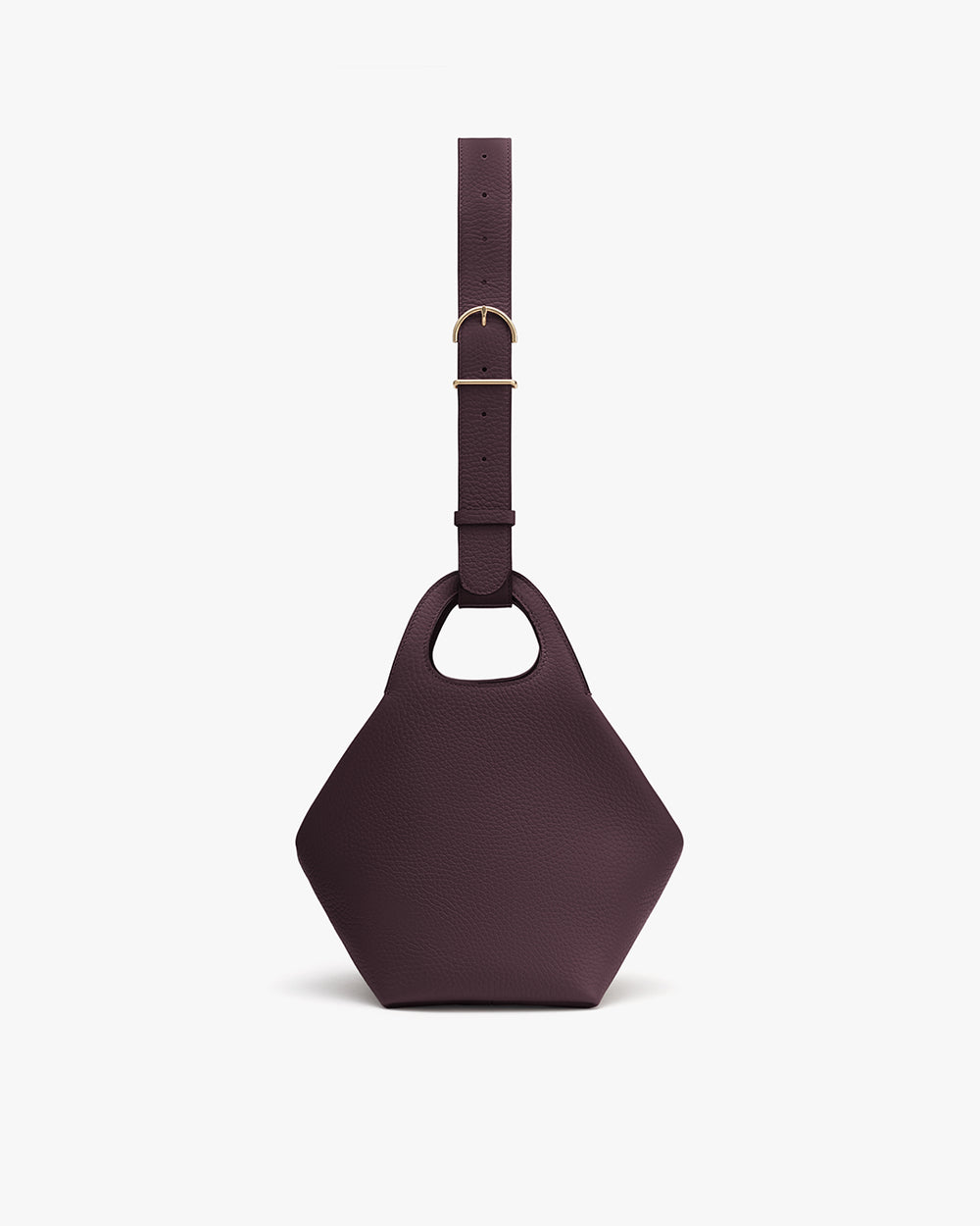 Hexagonal bag with a wide strap and small handle on top.