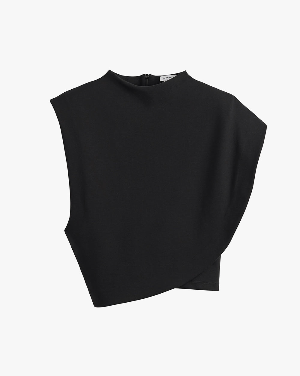 Sleeveless top with asymmetric hem and high neckline.