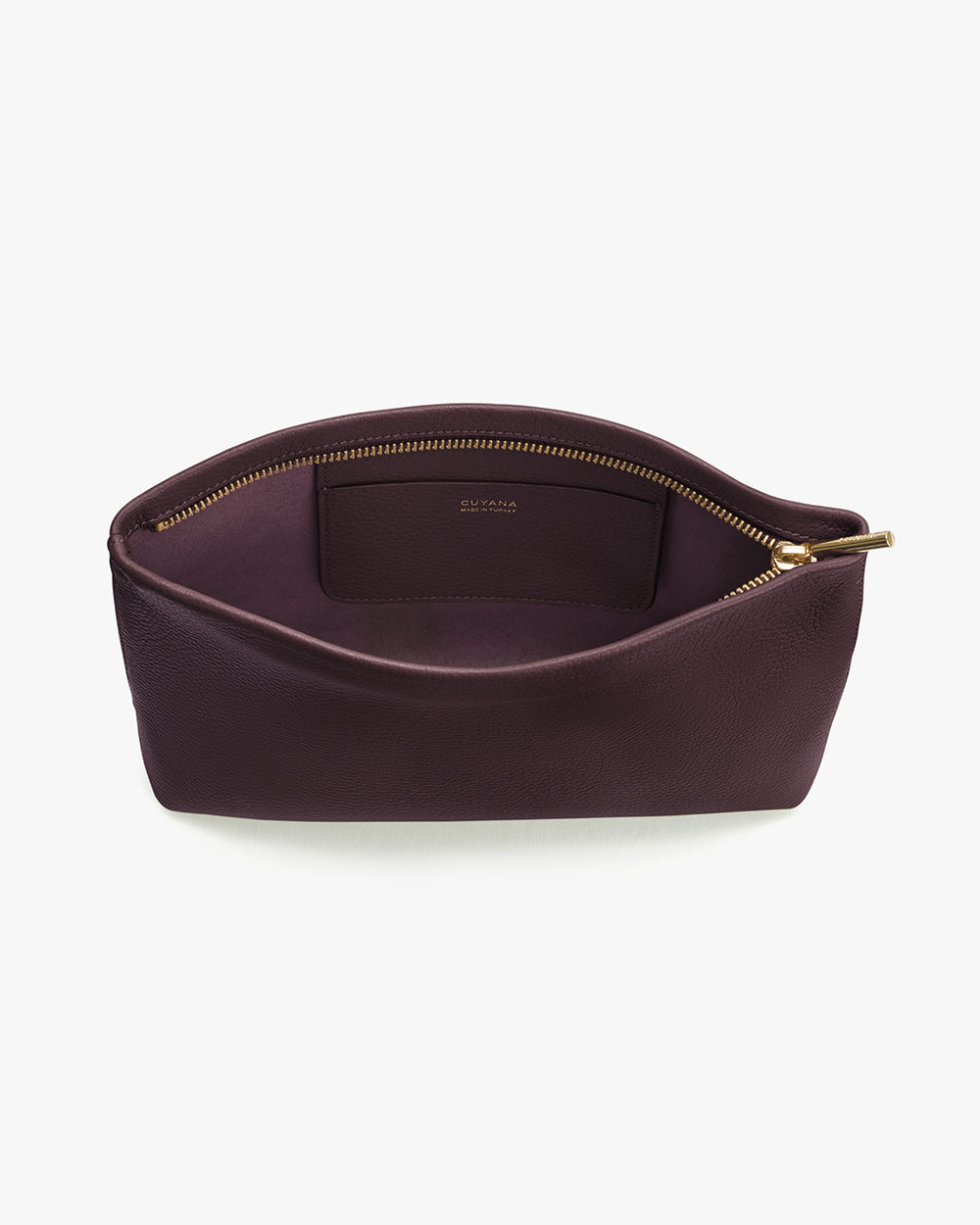 Open leather pouch with visible zipper and inner pocket