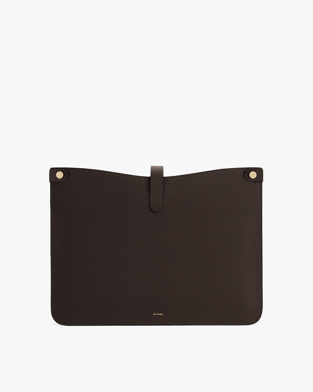 Leather laptop sleeve with a tab closure and two rivets at the top corners.