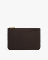 Leather zippered pouch with a card slot on the front.