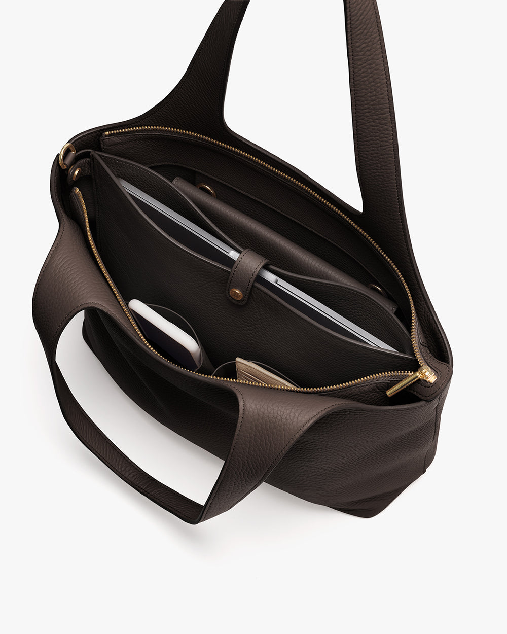 Open tote bag with multiple interior pockets and visible zipper.