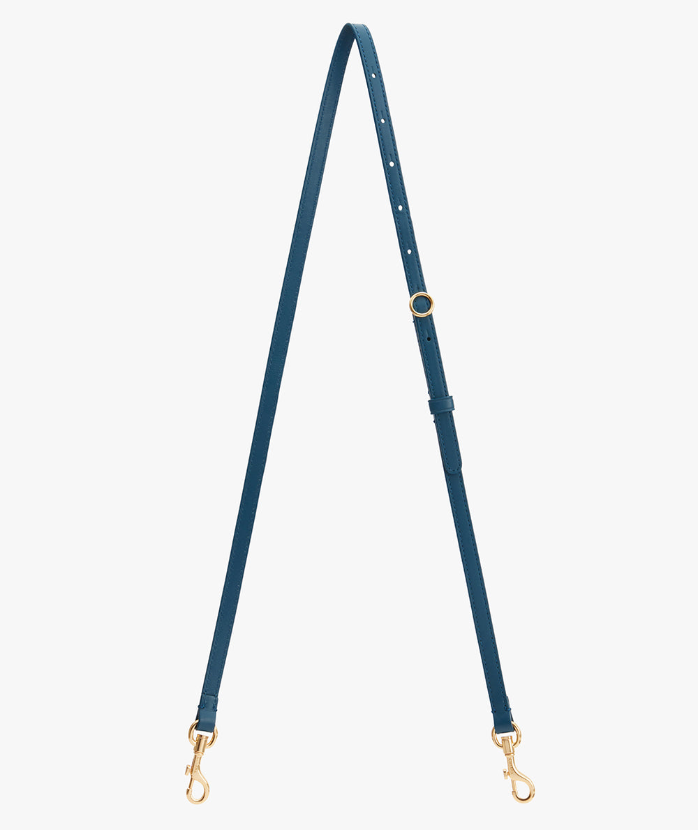 Long adjustable strap with clasps on each end shown on a plain background