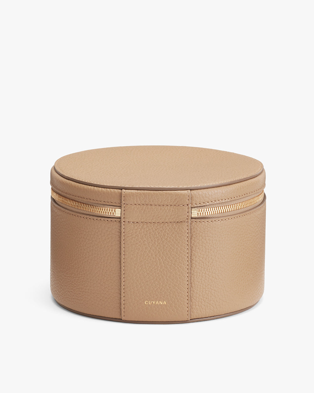 Round jewelry box with a zipper closure.