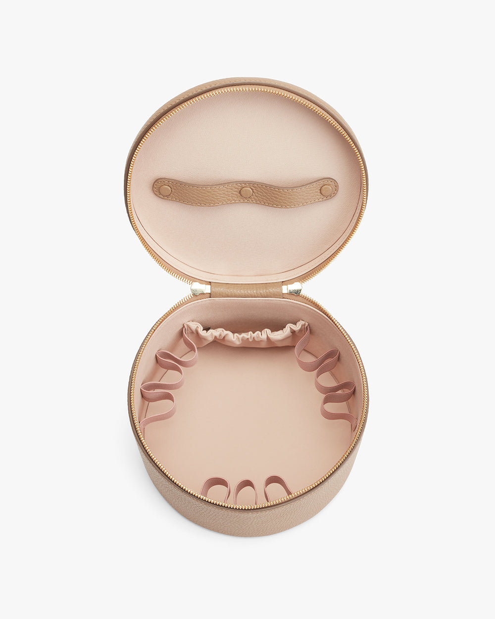Round case open displaying compartments for jewelry storage.
