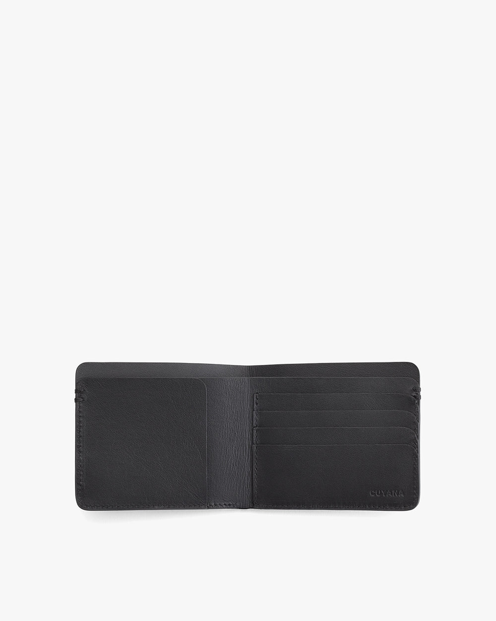 Open wallet with multiple card slots and embossed branding.