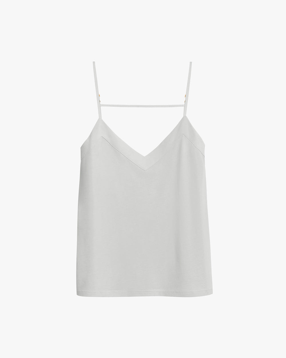Women's tank top with thin straps and V-neckline, hanging on a hanger.