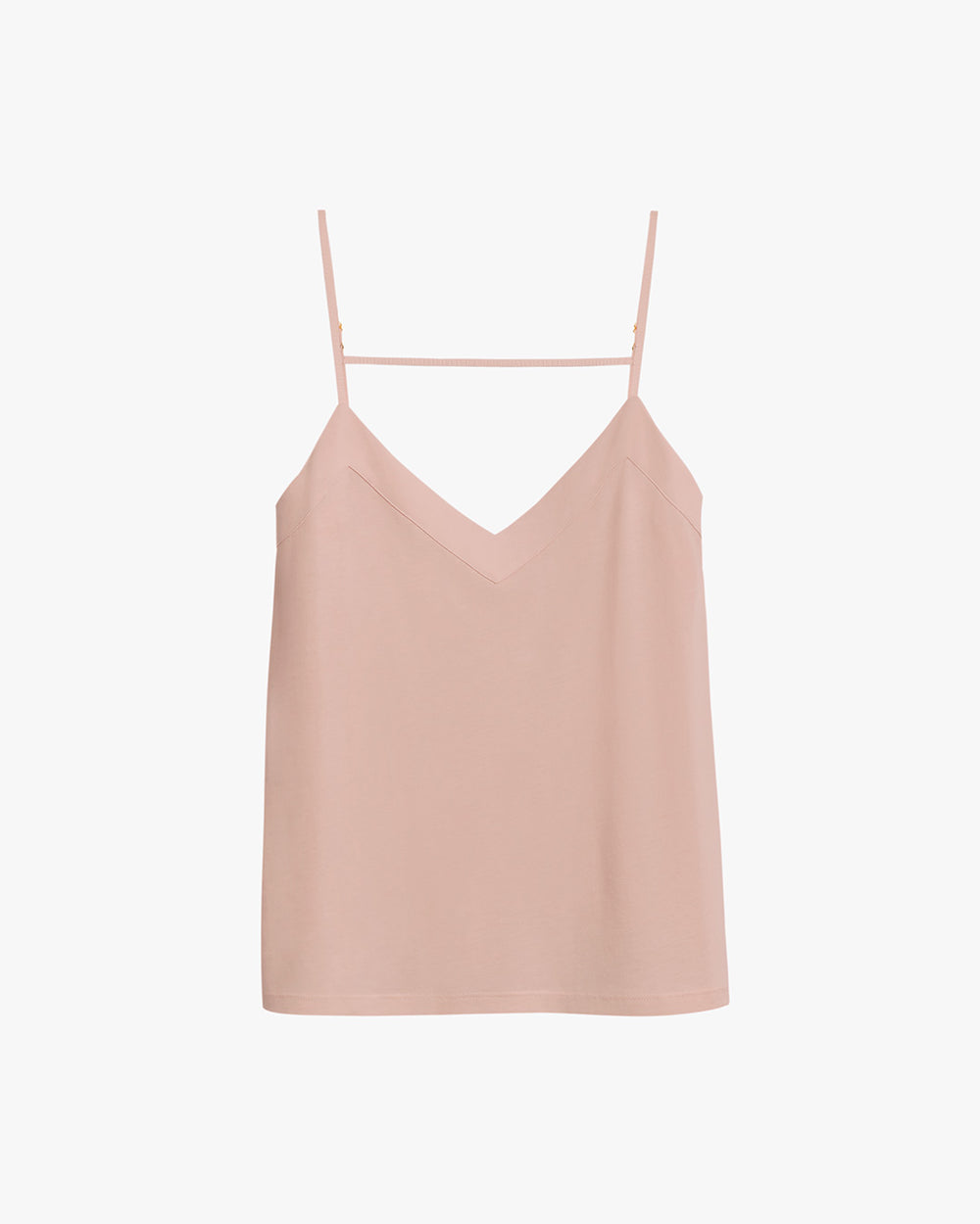 Camisole top with thin straps and a V-neckline hanging on a hanger.