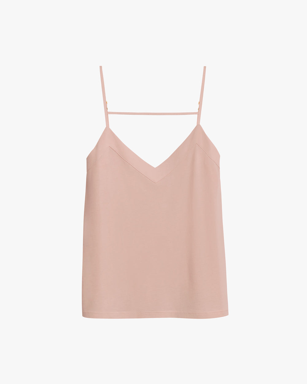 Tank top with thin straps and a V-neckline, hanging on a hanger.