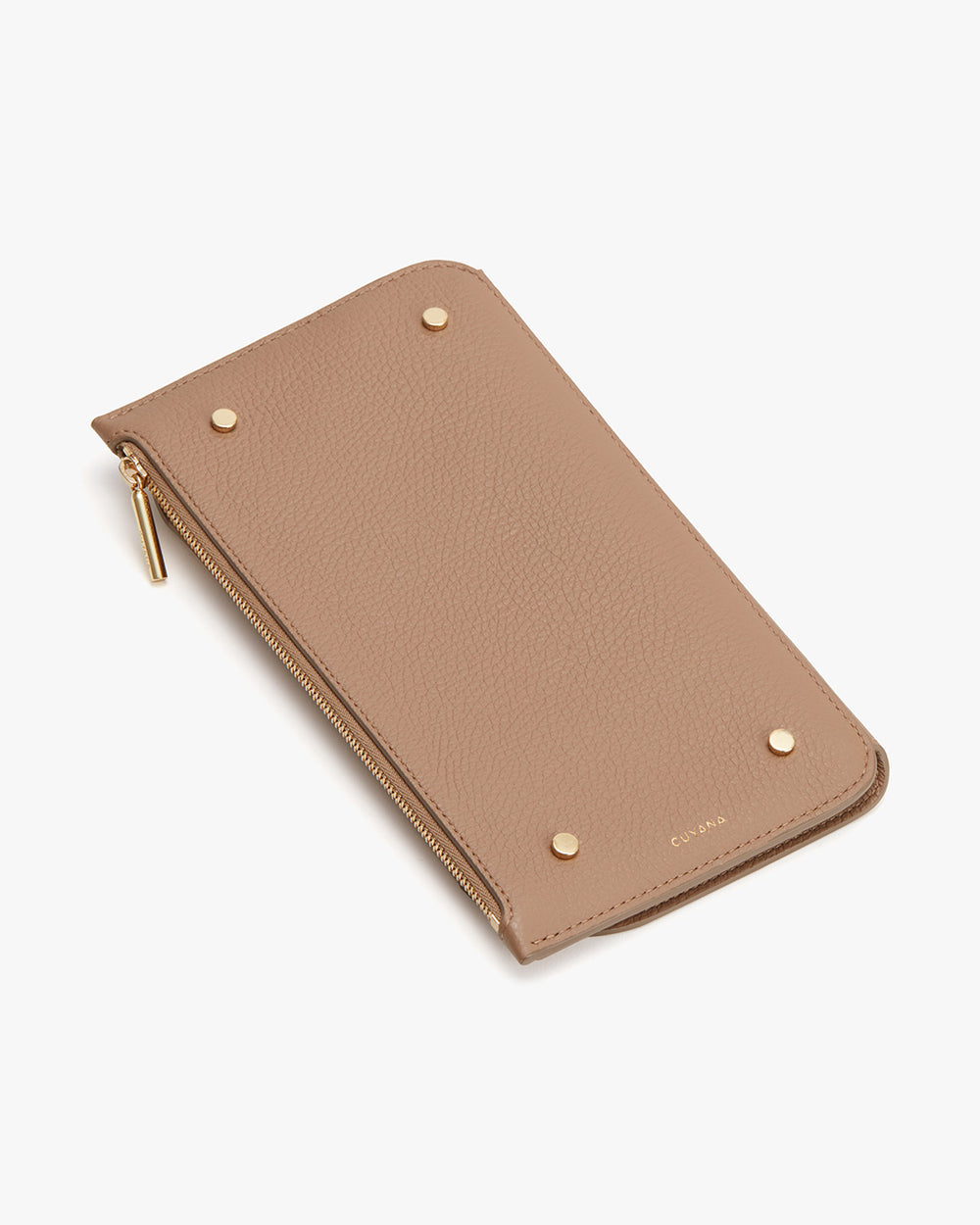 Closed wallet with zipper on a plain background.