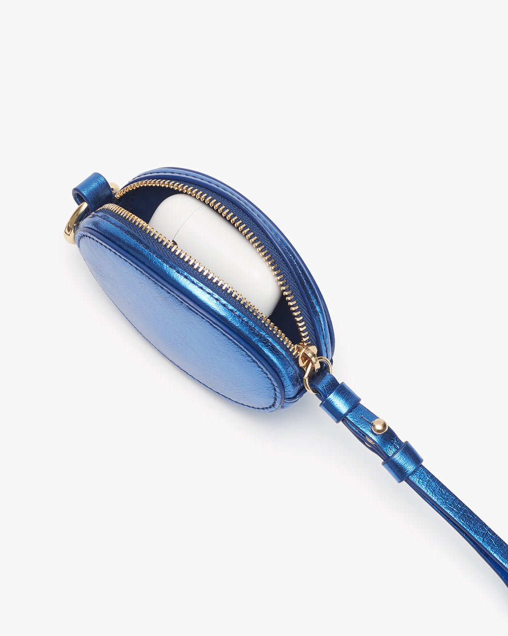 Small oval purse with a zipper and wrist strap, partially open revealing contents.