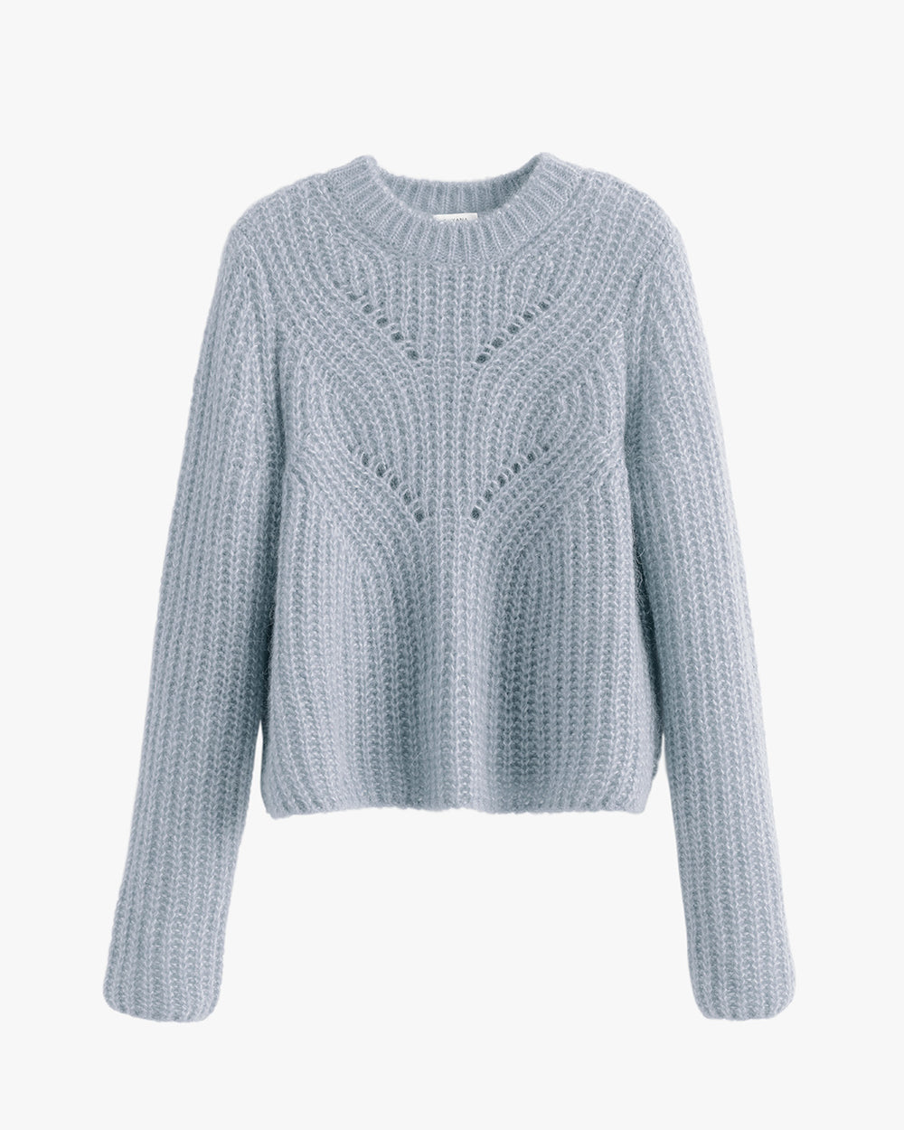 Knitted sweater with long sleeves and a round neckline.